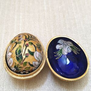 Cloisonne Gold Nesting Egg and Box Hand Painted Enamel Floral and Bird Vintage